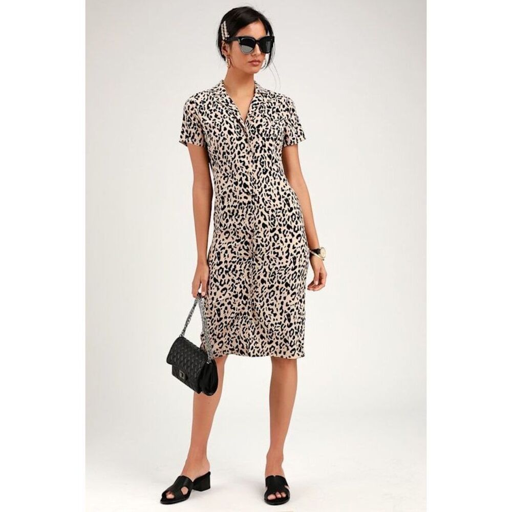 Lulus Ashlyn Taupe Leopard Print Midi Shirt Dress Beige - Size S